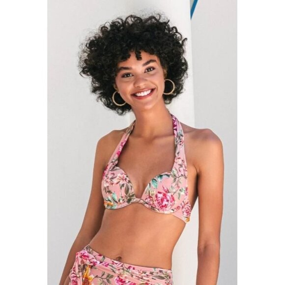 NWT Cupshe Rosy Outlook Molded Push Up Halter Bikini Top and Sash High Waist Bik - Picture 1 of 16